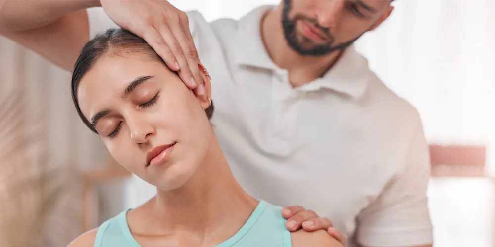 Physiotherapy neck pain and stretching with woman